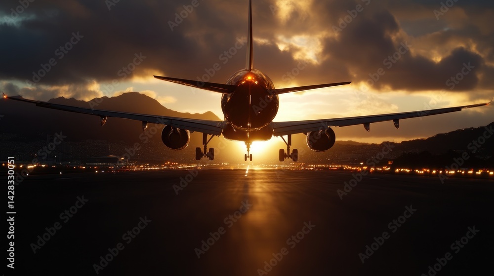 Jet plane landing at sunset