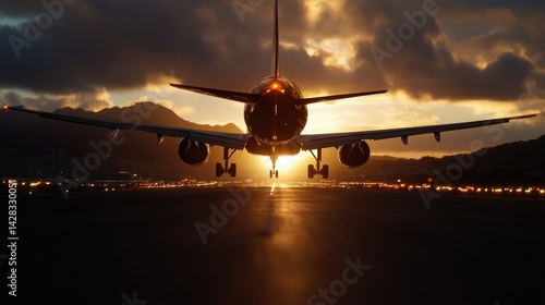 Obraz na płótnie Jet plane landing at sunset w salonie