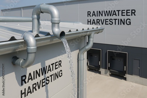 Rainwater harvesting system with pipes and signage on a building exterior.