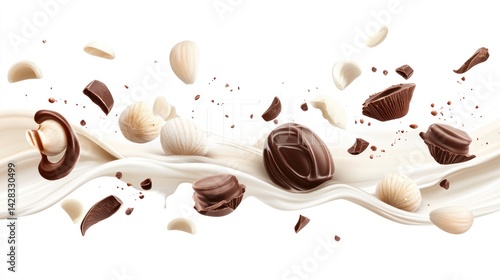 Delicious milk chocolate and white chocolate pieces in motion
