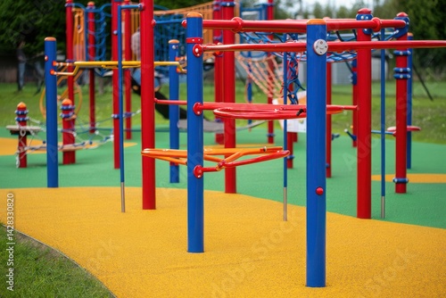Playground climbing equipment with balance beams on colorful rubber floor in outdoors playground area at kindergarten