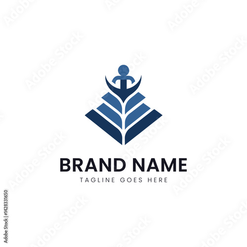 A modern logo design featuring a stylized figure rising from an open book, representing knowledge, growth, and enlightenment. Sleek blue tones enhance its professional appeal.