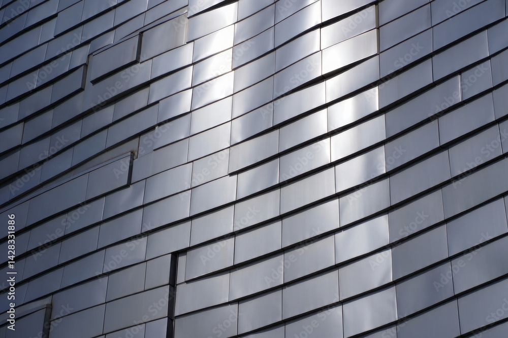 Dimension curve lines of gray aluminum composite tile wall decoration of modern building with light and shadow on surface