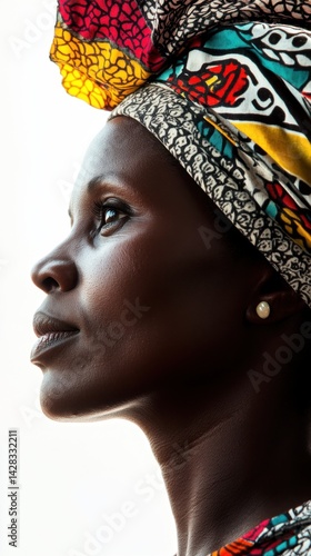 Portrait of african female in traditional colorful headwrap Mozambican National Women's Day