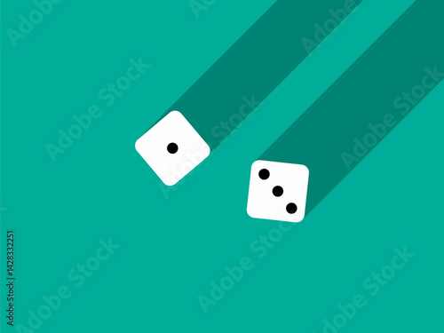 A pair of dice with numbers 1 and 3. Craps dice pair on a green table with a long shadow, top view. Casino dice game. Design for applications, banners, booklets, covers. Vector illustration