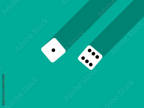 A pair of dice with numbers 1 and 6. Craps dice pair on a green table with a long shadow, top view. Casino dice game. Design for applications, banners, booklets, covers. Vector illustration