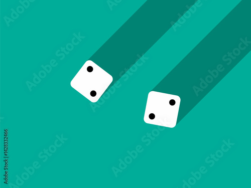 A pair of dice with numbers 2 and 2. Craps dice pair on a green table with a long shadow, top view. Casino dice game. Design for applications, banners, booklets, covers. Vector illustration
