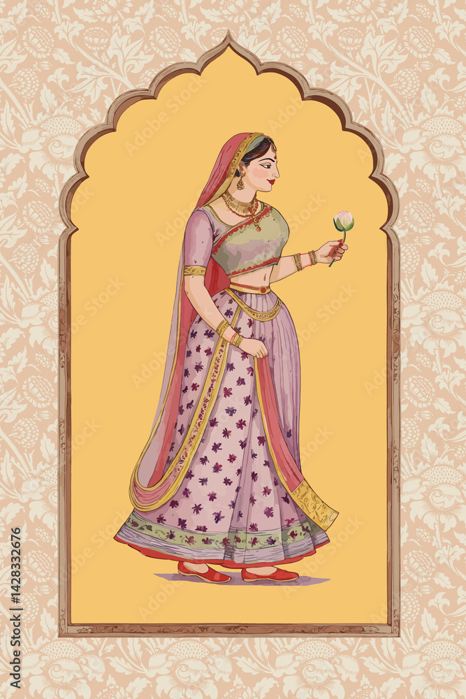 custom made wallpaper toronto digitalMughal garden with royal woman, palace, arch illustration for wallpaper