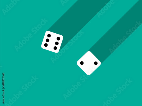 A pair of dice with numbers 2 and 6. Craps dice pair on a green table with a long shadow, top view. Casino dice game. Design for applications, banners, booklets, covers. Vector illustration