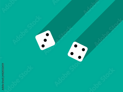 A pair of dice with numbers 3 and 4. Craps dice pair on a green table with a long shadow, top view. Casino dice game. Design for applications, banners, booklets, covers. Vector illustration