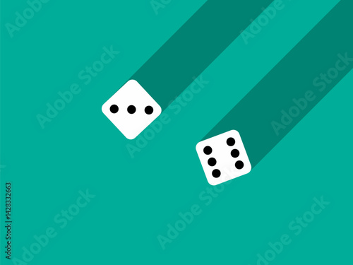 A pair of dice with numbers 3 and 6. Craps dice pair on a green table with a long shadow, top view. Casino dice game. Design for applications, banners, booklets, covers. Vector illustration