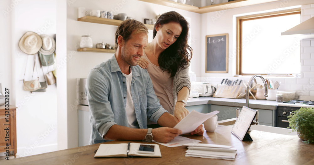 Ταπετσαρία Home, conversation and couple with documents, finance and payment for mortgage, rent and love