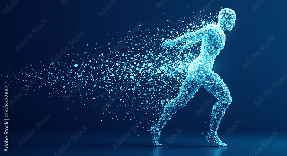 Abstract Disintegrating Running Man Blue Digital Particle Figure Abstract Disintegrating Running Man Blue Digital Particle Figure