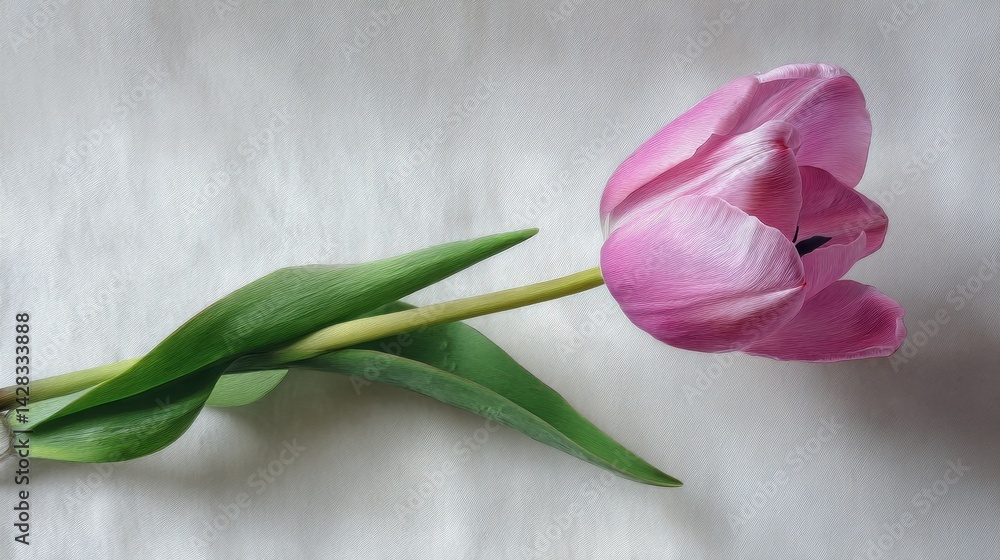 Obraz premium Single pink tulip lying on textured white background with green leaves