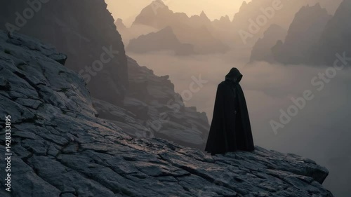 Mysterious hooded figure traverses rocky mountain terrain at dawn