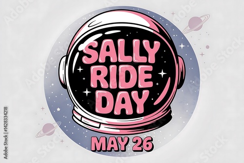 Celebrate Sally Ride Day May 26th: A pink astronaut helmet design against a starry space background features bold lettering celebrating the first American woman in space A vibrant
