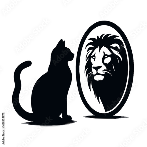 Silhouette of a cat looking into a mirror and seeing a lion, concept of self-belief and confidence, vector icon, black on white 