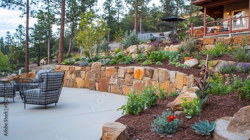 Luxurious outdoor living space featuring a stone retaining wall and vibrant garden