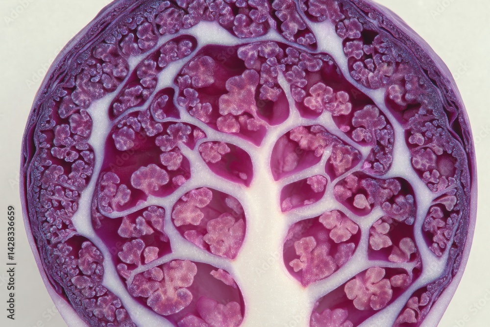 Obraz premium A close-up cross-section of a vibrant red cabbage, showcasing its intricate internal structure and vivid colors, ideal for illustrating healthy eating and vegetable textures.