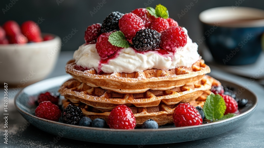 A delicious stack of fluffy waffles topped with whipped cream, fresh raspberries, blackberries, and blueberries, creating a vibrant and appetizing breakfast scene. A delicious stack of fluffy waffles topped with whipped cream, fresh raspberries, blackberries, and blueberries, creating a vibrant and appetizing breakfast scene.