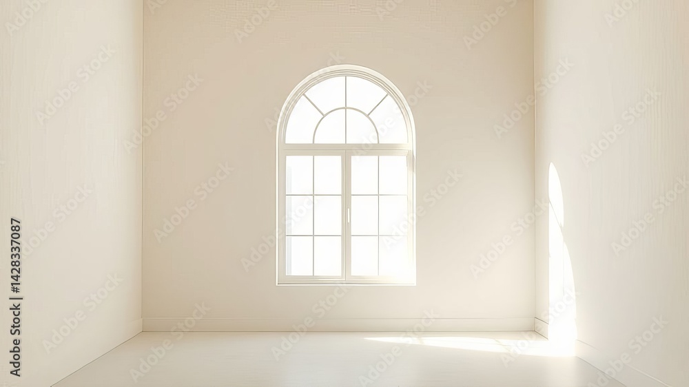 Fototapeta premium Sunlight streams through arched window in minimalist empty room interior design