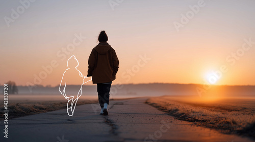 Person walking with child outline into sunrise  
