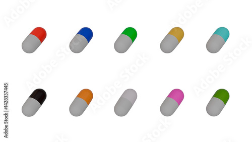 Lots of colorful pills on a transparent background. An angle view.