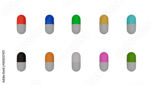Lots of colorful pills on a transparent background. Front view.