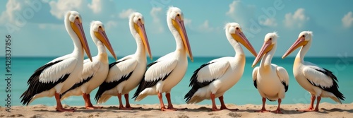 Pelican bird family standing together in a row, beak, seabirds, avian