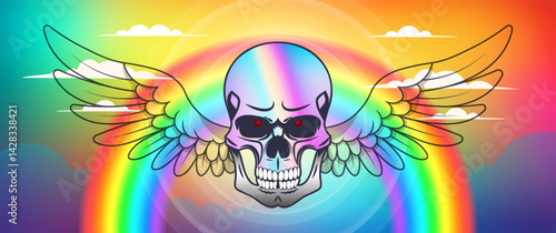 Vector abstract bright colorful banner. Rainbow iridescent scary human skull with wings. Cartoon gradient cloudy skies. Wide poster.
