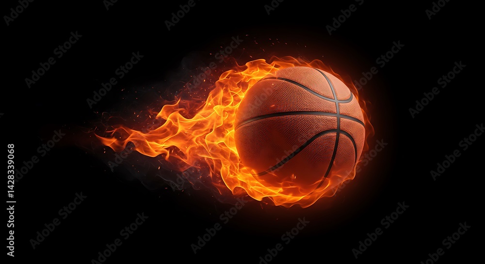 Obraz premium A dynamic shot of a basketball engulfed in vibrant flames and smoke, speeding across a stark black background.