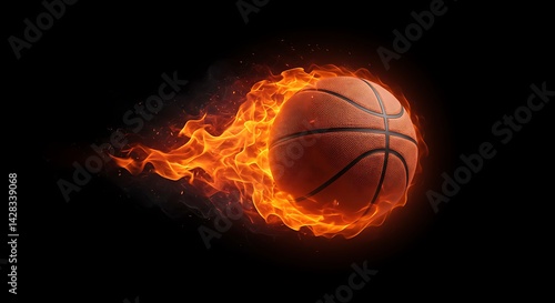 A dynamic shot of a basketball engulfed in vibrant flames and smoke, speeding across a stark black background.