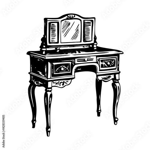 A hand drawn illustration of a vanity desk 
