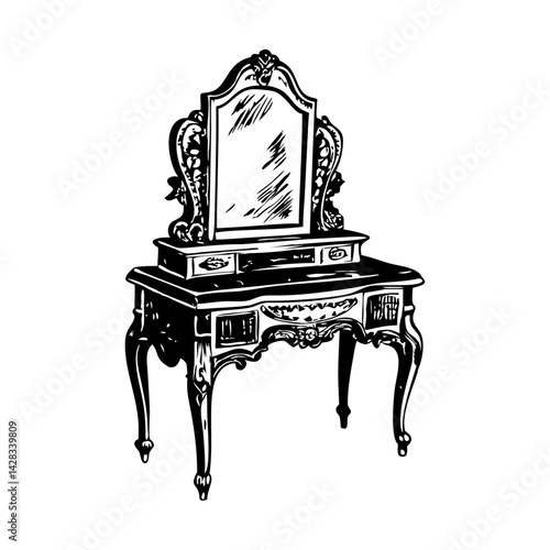 A hand drawn illustration of a vanity table 