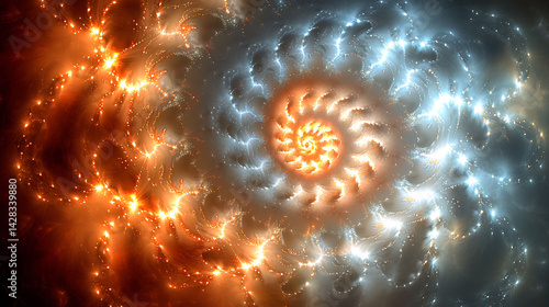 Mesmerizing fractal art depicting a fiery orange and cool blue spiral nebula.  Perfect for concepts of energy, duality, creation, or the cosmos.