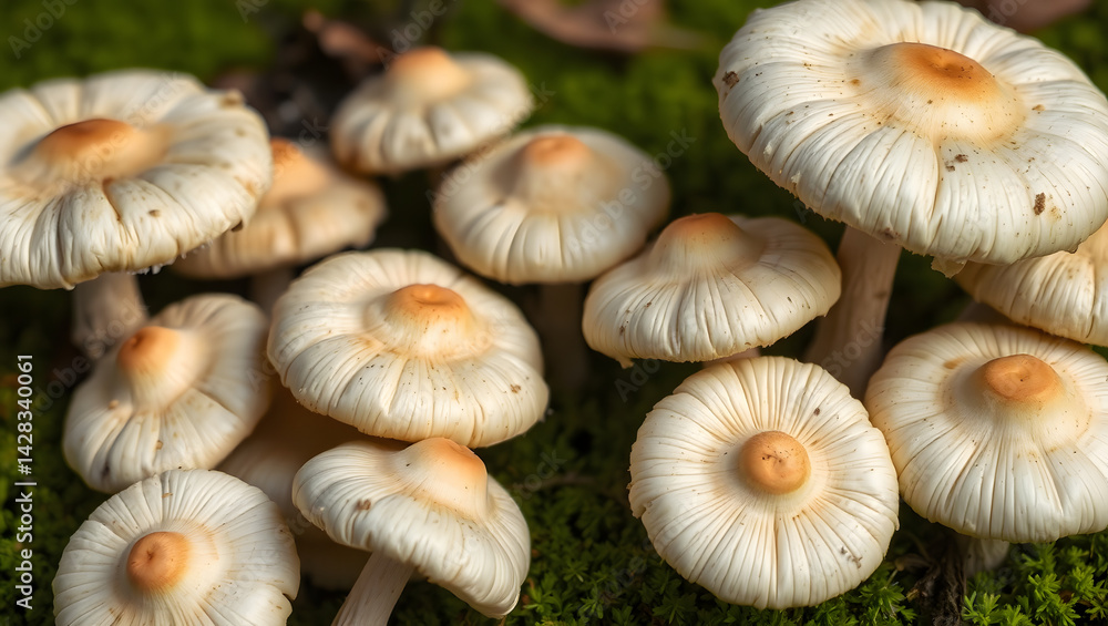 Cluster of Pristine Velvety Mushrooms in Mossy Forest Floor Cluster of Pristine Velvety Mushrooms in Mossy Forest Floor