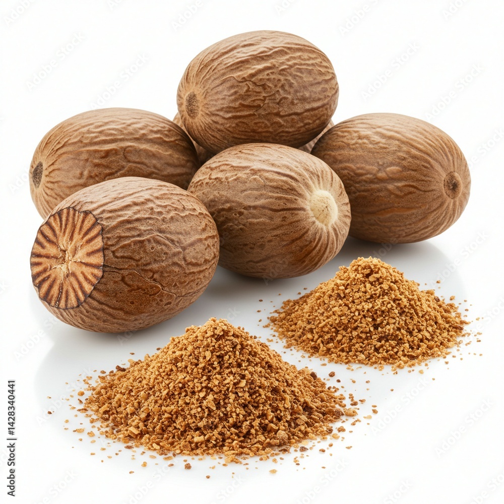 Whole and Ground Nutmeg Spices Isolated on White Whole and Ground Nutmeg Spices Isolated on White