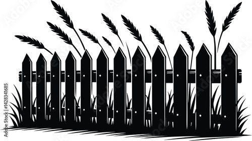 Simple Black Silhouette Wooden Picket Fence with Grass Vector