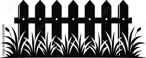 Simple Black Silhouette Wooden Picket Fence with Grass Vector