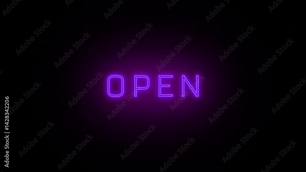 Glowing neon purple open sign with seamless flicker loop with alpha matte. Perfect for digital signage, storefront, cafe ads, retro themed content, nightlife branding, or creative projects. Glowing neon purple open sign with seamless flicker loop with alpha matte. Perfect for digital signage, storefront, cafe ads, retro themed content, nightlife branding, or creative projects.