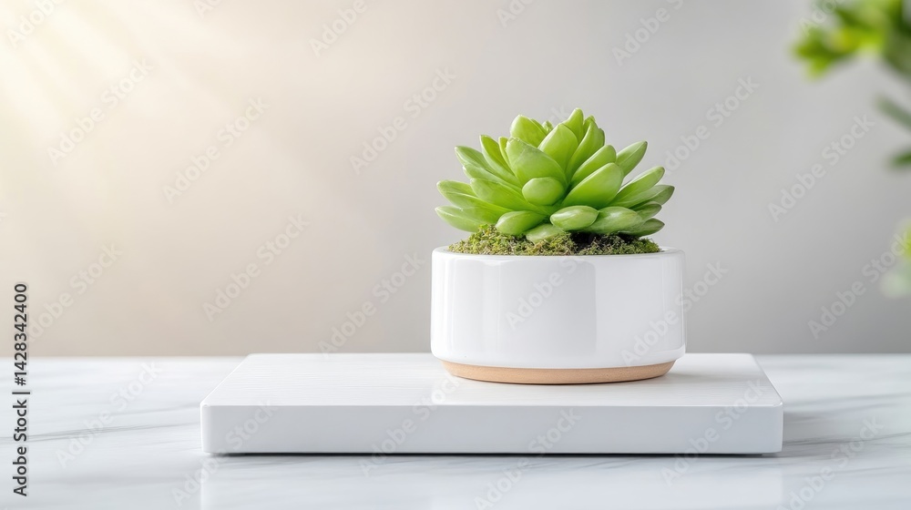 A vibrant green succulent plant in a white ceramic pot, placed on a minimalist white platform, soft sunlight illuminating the scene, and modern interior decor concept.
