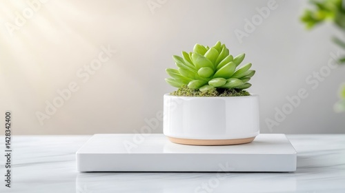 Obraz na płótnie A vibrant green succulent plant in a white ceramic pot, placed on a minimalist white platform, soft sunlight illuminating the scene, and modern interior decor concept. w salonie