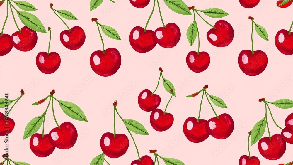 Sweet Red Cherries Seamless Pattern Background Juicy Summer Fruit Illustration Sweet Red Cherries Seamless Pattern Background Juicy Summer Fruit Illustration