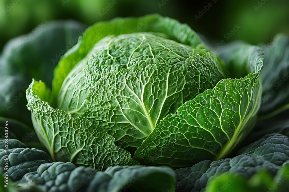 Fototapeta premium Fresh Savoy Cabbage Head Closeup with Intricate Leaf Veins and Green Texture Detail