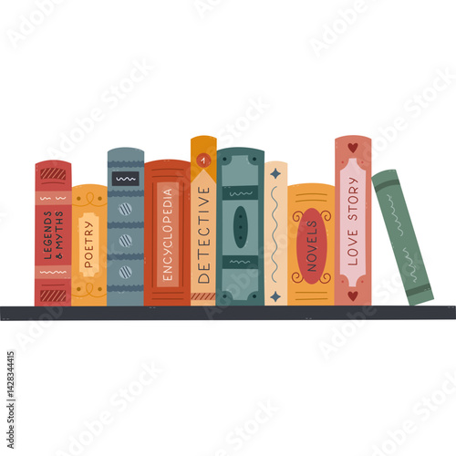 Lovely cartoon bookcase with books of different genres. Long bookshelf with fiction literature, encyclopedia, poetry, love story, detective, novel, legend and myths. Reading clipart isolated on white.