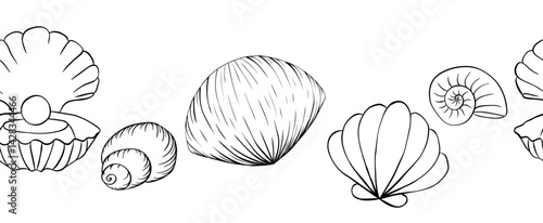Seashell seamless Frame border. Vector graphic line ink horizontal illustration of seashells. Hand drawn linear drawing on isolated background. Design for package, cosmetic, textile, cards.