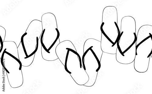 Summer flip flop seamless horizontal border. Vector graphic line ink pattern with beach slipper, pool shoe, sea sandal . Rubber footwear isolated on white background.