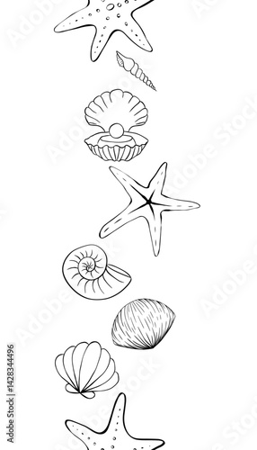 Seashell seamless Frame border. Vector graphic line ink Vertical illustration of seashells. Hand drawn linear drawing on isolated background. Design for package, cosmetic, textile, cards.
