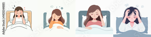 set vector teenager headache lying on bed