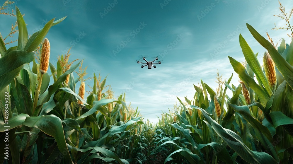 Obraz premium Corn seeds and leaves with drone above 3D illustration with space for text Precision farming concept